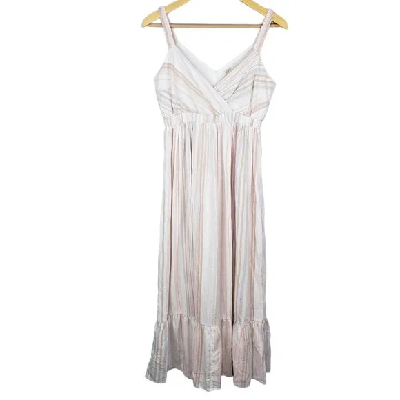 Loft Beach Cotton Linen Blend Striped Midi Dress Neutral Elasticized Waist XXS - Picture 1 of 8